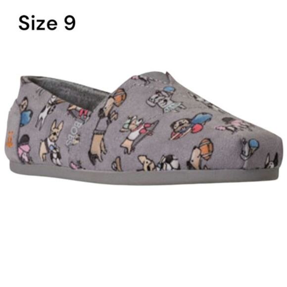 Size 9 Bobs Skechers Gray Dog Print Memory Foam Canvas Ballet Flats - Picture 1 of 7